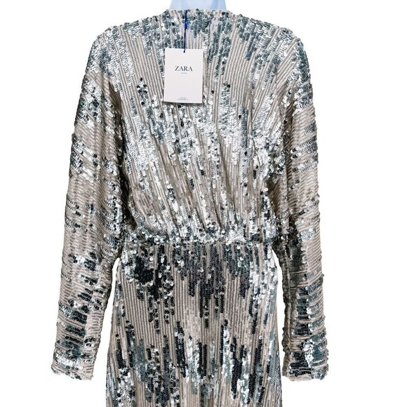 Zara Silver Sequin Maxi Dress Dolman Long Sleeve Metallic Blogger Fave Small - Picture 9 of 16